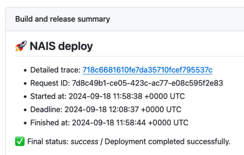 Grensesnitt med overskrift 'Build and release summary', med detaljer om et bygg hvor det lenkes til 'Detailed trace'.