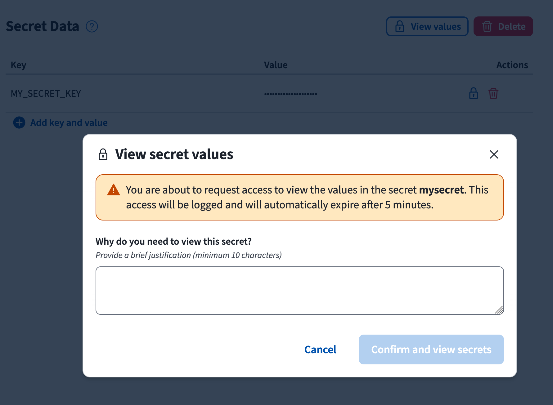 Skjermbilde som viser popup-vindu for å oppgi begrunnelse for tilgang til hemmelighet