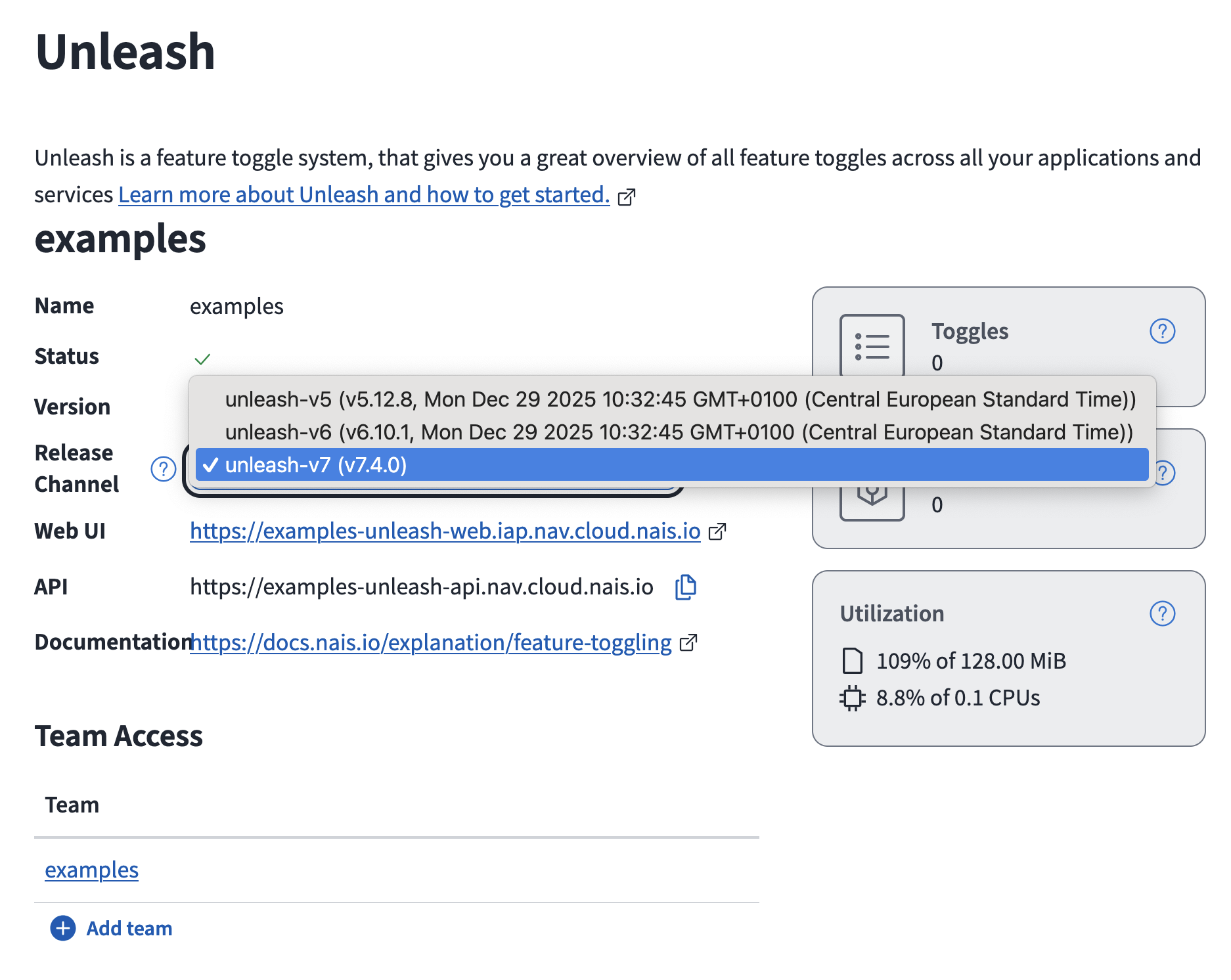 Velg Release Channel for Unleash i Nais Console